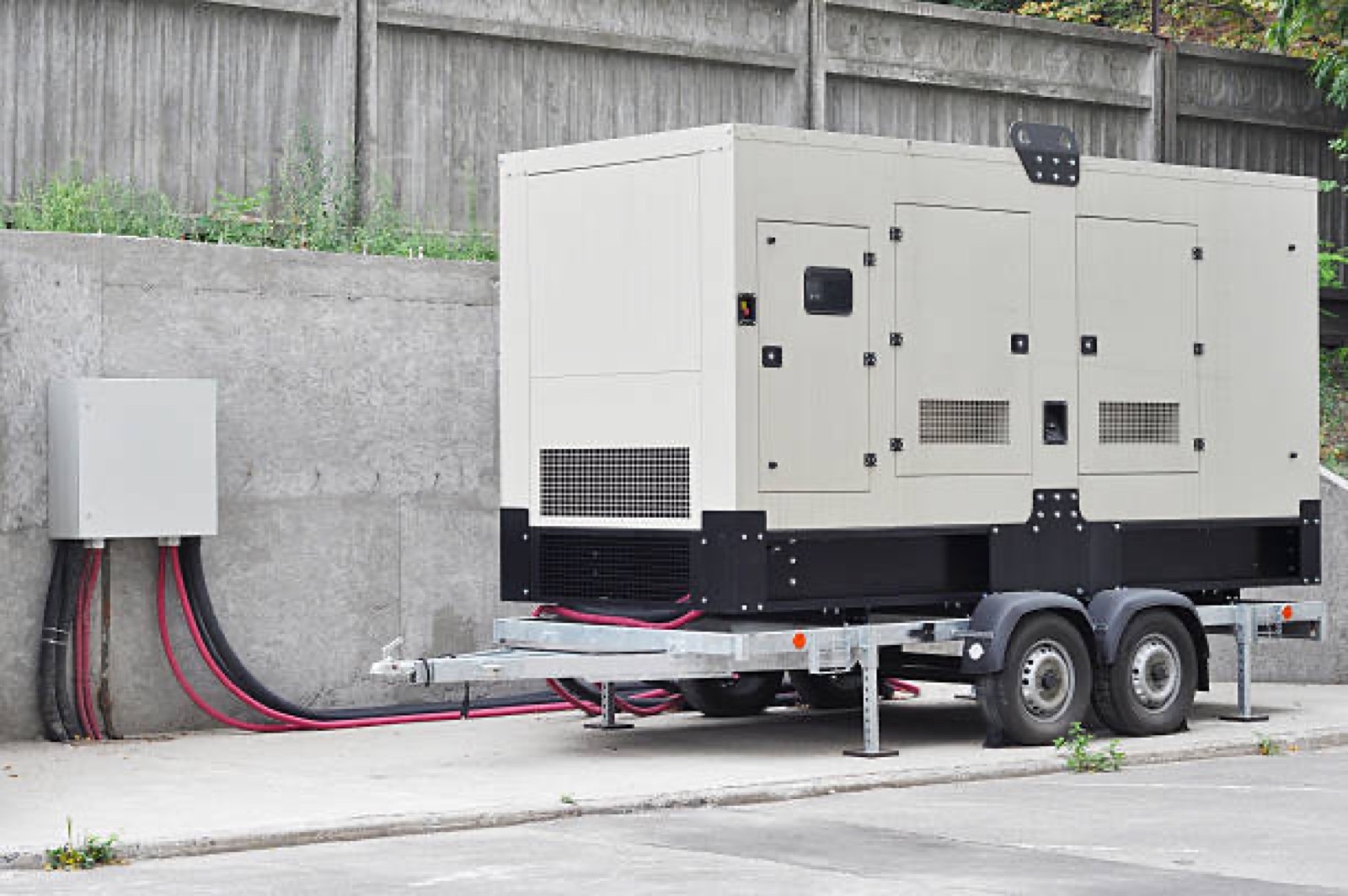 Towable diesel generator staged on a San Diego job site